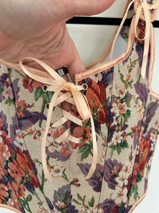 floral tapestry lace-up bustier corset crop top size small - Picture 2 of 7